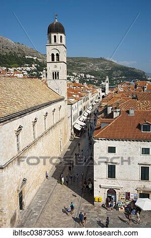 Stock Image - "Franciscan Monastery, view from the city walls, with the main street Stradun or Placa in the historic centre, Dubrovnik, Dalmatia, Croatia, Europe". Fotosearch