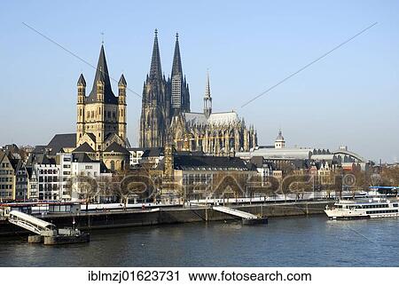 "Frankenwerft in winter, in the back the church Gross St. Martin and the Cologne Cathedral, old town on the Rhine river, Cologne, Rhineland, North Rhine-Westphalia, Germany, Europe" View Large Photo Image Stock Image - "Frankenwerft in winter, in the back the church Gross St. Martin and the Cologne Cathedral, old town on the Rhine river, Cologne, Rhineland, North Rhine-Westphalia, Germany, Europe". Fotosearch