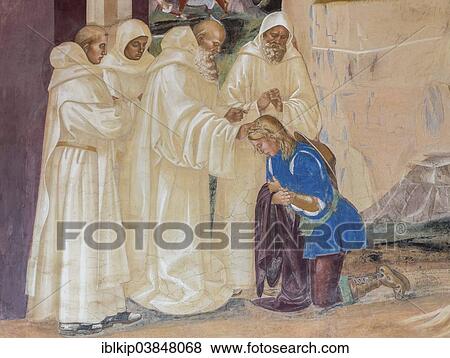 Stock Photo - "Fresco depicting the life of St. Benedict, by Signorelli, scene 27, Benedict revealing the deception of the Gothic King Totila who sent a servant disguised as the king, cloister of Abbazia di Monte Oliveto Maggiore Abbey, Tuscany, Italy, Europe". Fotosearch