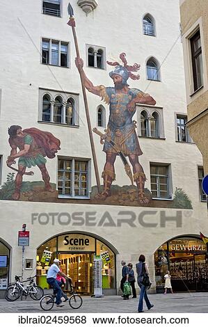 Stock Photo - "Fresco of David and Goliath, Goliath House, Goliathstrasse, historic town centre of Regensburg, Upper Palatinate, Bavaria, Germany, Europe". Fotosearch