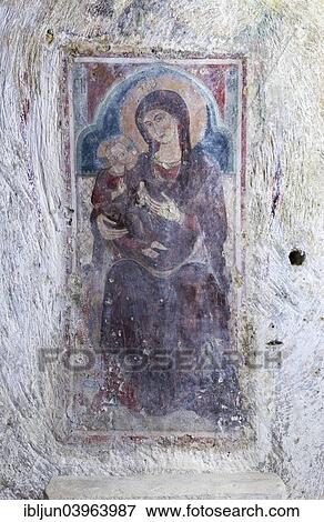Stock Photo - "Fresco, rock church, grotto church of Madonna della Buona Nuova, 13th century, crypt Cripta della Buona Nuova, Santuario della Madonna della Scala, rock settlement of Massafra, Murge Tarantine, Province of Taranto, Apulia, Italy, Europe". Fotosearch