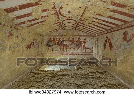 Picture - "Frescoes of the Tomba Claudio Bettini, Etruscan grave chamber, Prince grave, 5th BC, necropolis Monterozzi, UNESCO World Heritage Site, Tarquinia, Lazio, Italy, Europe". Fotosearch