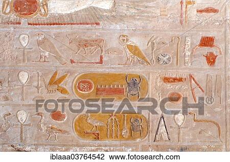 Stock Image - "Frescoes on the walls of the temple, Mortuary Temple of Queen Hatshepsut, Luxor Temple Complex, UNESCO World Heritage site, Thebes, Luxor, Luxor Governorate, Egypt, Africa". Fotosearch