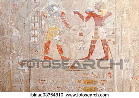 Stock Image - "Frescoes on the walls of the temple, Mortuary Temple of Queen Hatshepsut, Luxor Temple Complex, UNESCO World Heritage site, Thebes, Luxor, Luxor Governorate, Egypt, Africa". Fotosearch