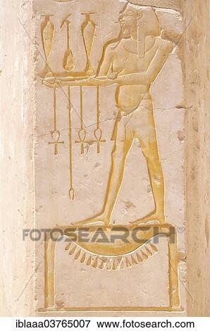 Stock Photo - "Frescoes on the walls of the temple, Mortuary Temple of Queen Hatshepsut, Luxor Temple Complex, UNESCO World Heritage site, Thebes, Luxor, Luxor Governorate, Egypt, Africa". Fotosearch