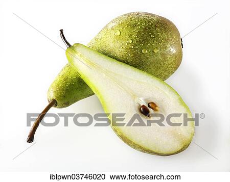 Stock Image - Fresh Conference pears whole and cut. Fotosearch