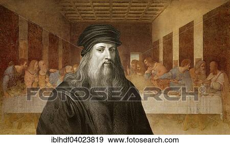 Stock Photo - "Fresko The Last Supper, in front Leonardo da Vinci, Italian painter, sculptor, architect, engineer, historical illustration". Fotosearch