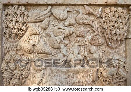 Stock Image - "Frieze, relief, depicting birds and scenes from the life of Buddha, Mauryan dynasty, Stupa of Sanchi, UNESCO World Heritage Site, Sanchi, Madhya Pradesh, India, Asia". Fotosearch