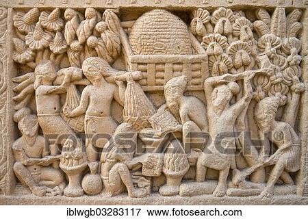 Stock Photo - "Frieze, relief, with scenes from the life of Buddha, Mauryan dynasty, Stupa of Sanchi, UNESCO World Heritage Site, Sanchi, Madhya Pradesh, India, Asia". Fotosearch