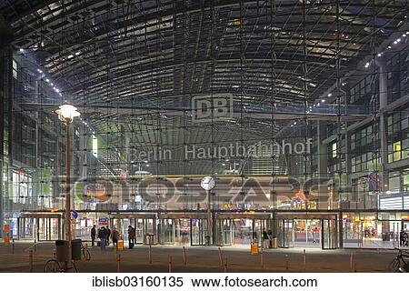 Stock Photography - "Front main entrance to Berlin Central Railway Station, Lehrter Bahnhof, in the evening, Berlin, Berlin, Berlin, Germany, Europe". Fotosearch