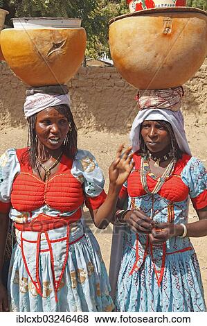 Stock Photo - "Fulani women carrying milk calabashes on their heads, Maga Dam, Pouss, Far North, Cameroon, Africa". Fotosearch