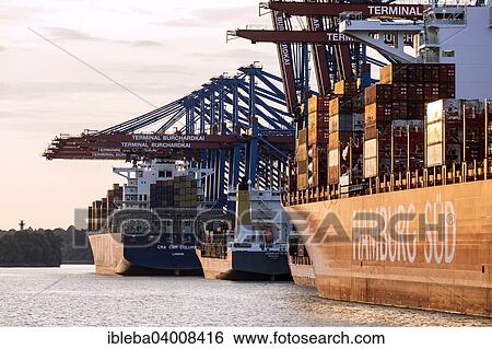 Stock Photograph - "Fully automatic unloading of container ships, Burchardkai, Hamburg, Germany, Europe". Fotosearch
