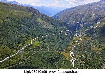 "Furka Pass, the Rhone Valley with the Furka Cogwheel Steam Railway and Grimsel Pass, at Oberwald, Canton of Valais, Switzerland, Europe" View Large Photo Image Stock Photo - "Furka Pass, the Rhone Valley with the Furka Cogwheel Steam Railway and Grimsel Pass, at Oberwald, Canton of Valais, Switzerland, Europe". Fotosearch
