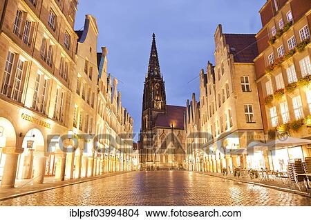 "Gabled houses on Prinzipalmarkt street, with Lamberti Church at night, Munster, North Rhine-Westphalia, Germany, Europe" View Large Photo Image Picture - "Gabled houses on Prinzipalmarkt street, with Lamberti Church at night, Munster, North Rhine-Westphalia, Germany, Europe". Fotosearch