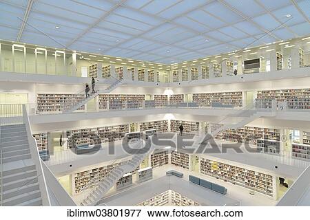 Stock Photo - "Gallery hall with stairs, Stadtbibliothek am Mailander Platz public library, architect Eun Young Yi, Stuttgart, Baden-Wurttemberg, Germany, Europe". Fotosearch