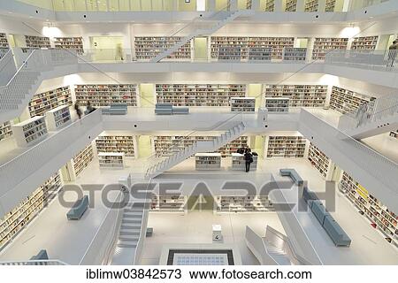 Stock Image - "Gallery hall with stairs, Stuttgart City Library by architect Eun Young Yi, Stuttgart, Baden-Wurttemberg, Germany, Europe". Fotosearch