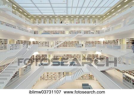 Stock Photo - "Gallery hall with steps of the Stuttgart City Library on Mailaender Platz square, architect Eun Young Yi, Stuttgart, Baden-Wurttemberg, Germany, Europe". Fotosearch