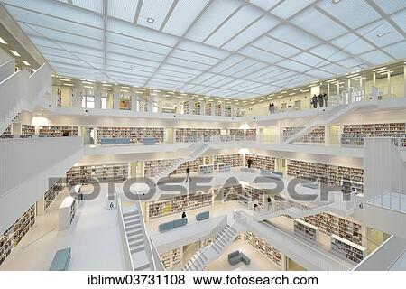 Stock Photo - "Gallery hall with steps of the Stuttgart City Library on Mailaender Platz square, architect Eun Young Yi, Stuttgart, Baden-Wurttemberg, Germany, Europe". Fotosearch