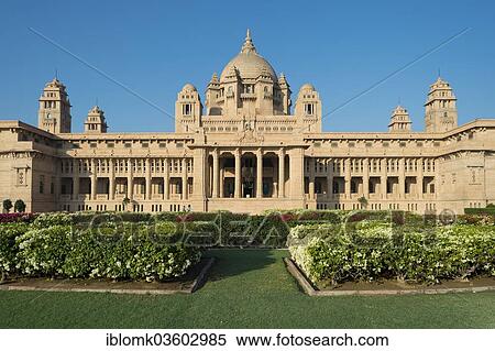 Stock Photography - "Garden, entrance and dome, front side of the Palace Hotel, Umaid Bhawan Palace, Jodhpur, Rajasthan, India, Asia". Fotosearch