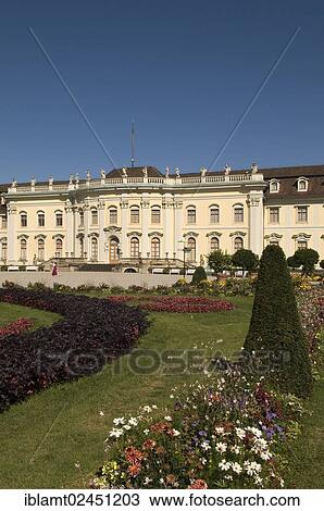 Stock Image - "Garden view of Germany's largest Baroque palace, Ludwigsburg Palace, built from 1704-33, Ludwigsburg, Baden-Wuerttemberg, Germany, Europe". Fotosearch
