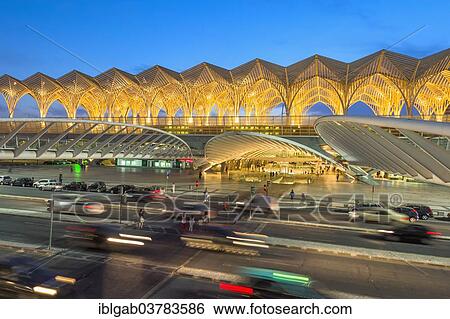 "Gare do Oriente train station at twilight, Parque das Nacoes, Lisbon, Portugal, Europe" View Large Photo Image Stock Photograph - "Gare do Oriente train station at twilight, Parque das Nacoes, Lisbon, Portugal, Europe". Fotosearch
