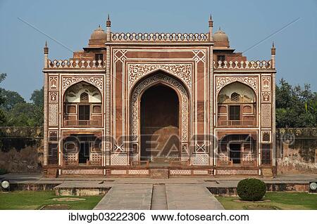 Stock Photograph - "Gate building with red sandstone slabs and delicate marble inlays to the Islamic mausoleum of I'timad-ud-Daulah, tomb of Mirza Ghiyas Beg, Agra, Uttar Pradesh, India, Asia". Fotosearch