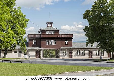 Stock Photo - "Gate building with watchtower, gate restored in 2014 to original colors, Buchenwald concentration camp, Weimar, Thuringia, Germany, Europe". Fotosearch