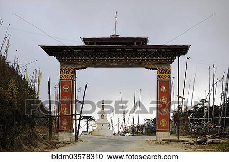 Stock Image - "Gate on Yotong La Pass, Yotongla Pass, Bumthang district, Bhutan, Asia". Fotosearch