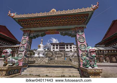 Stock Image - "Gate to the Tengboche monastery, Khumbu, Solukhumbu District, Everest Region, Nepal, Asia". Fotosearch