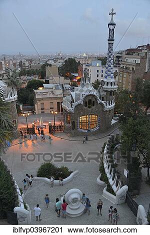 Stock Image - "Gatehouse at Parc Guell, by architect Antoni Gaudi, UNESCO World Heritage Site, Barcelona,? Çï? ÇïCatalonia, Spain, Europe". Fotosearch