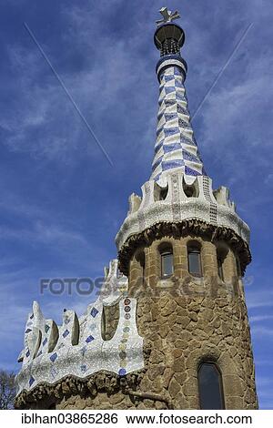 Stock Photograph - "Gatehouse at Park Guell, by Antoni Gaudi, La Salut, Barcelona, â€‹â€‹Region of Catalonia, Spain, Europe". Fotosearch