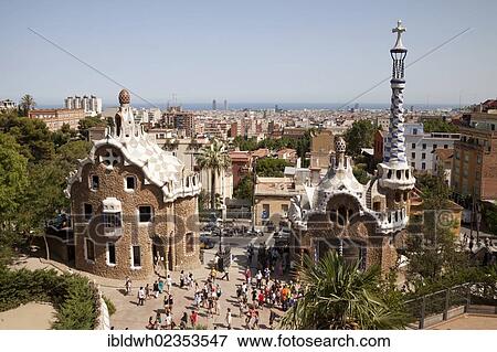Stock Photo - "Gatehouse of Parc Gueell by Antoni Gaudi, UNESCO World Heritage Site, Barcelona, Catalonia, Spain, Europe". Fotosearch