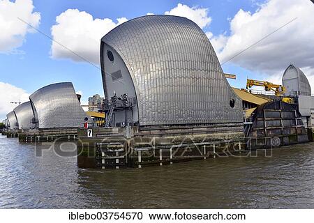 "Gates of the Thames Barrier in the normal open position, flood protection, River Thames, London, London area, England, United Kingdom, Europe" View Large Photo Image Stock Image - "Gates of the Thames Barrier in the normal open position, flood protection, River Thames, London, London area, England, United Kingdom, Europe". Fotosearch