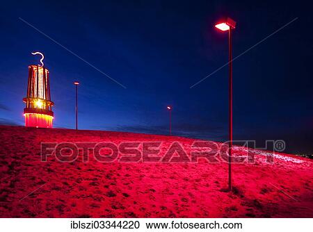 "Geleucht, sculpture in the form of a miner's lamp, illuminated on Rheinpreussen slag heap in winter, Meerbeck, Moers, North Rhine-Westphalia, Germany, Europe" View Large Photo Image Stock Image - "Geleucht, sculpture in the form of a miner's lamp, illuminated on Rheinpreussen slag heap in winter, Meerbeck, Moers, North Rhine-Westphalia, Germany, Europe". Fotosearch