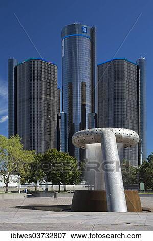 "General Motors headquarters and the Detroit Marriott Hotel in the Renaissance Center with the Noguchi Fountain in Hart Plaza in the foreground, Detroit, Michigan, United States, North America" View Large Photo Image Stock Photo - "General Motors headquarters and the Detroit Marriott Hotel in the Renaissance Center with the Noguchi Fountain in Hart Plaza in the foreground, Detroit, Michigan, United States, North America". Fotosearch