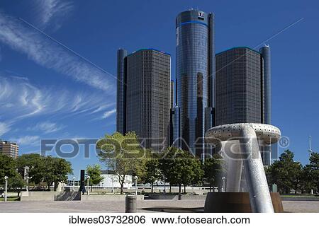 "General Motors headquarters and the Detroit Marriott Hotel in the Renaissance Center with the Noguchi Fountain in Hart Plaza in the foreground, Detroit, Michigan, United States, North America" View Large Photo Image Stock Photograph - "General Motors headquarters and the Detroit Marriott Hotel in the Renaissance Center with the Noguchi Fountain in Hart Plaza in the foreground, Detroit, Michigan, United States, North America". Fotosearch
