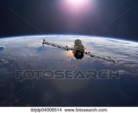 Picture - "Geostationary orbit military satellite above the Earth pointed toward the rising sun, 3D render". Fotosearch