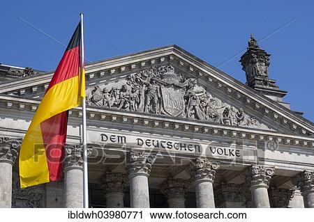 Stock Image - "German flag at the Reichstag parliament, Berlin, Germany, Europe". Fotosearch