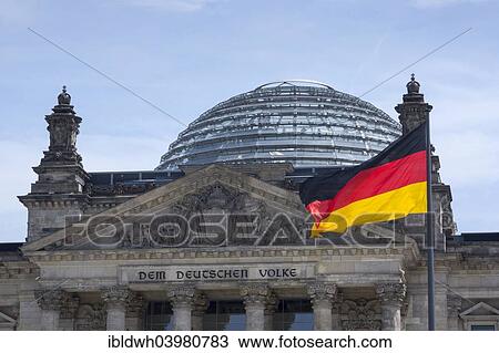 Stock Image - "German flag at the Reichstag parliament, Berlin, Germany, Europe". Fotosearch