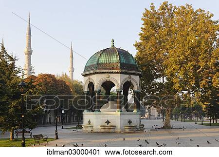 Stock Image - "German Fountain in the Hippodrome or At Meydani square, the Minarets of Sultan Ahmed Mosque, Istanbul, European side, Istanbul Province, Turkey, European side, Europe". Fotosearch