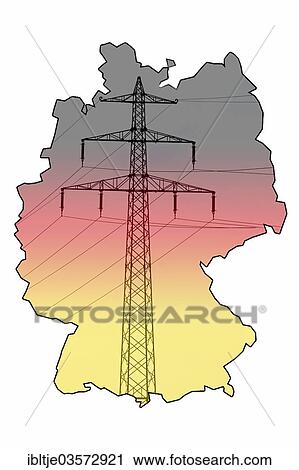 Stock Image - "German national colors, outline of Germany and power pole, illustration". Fotosearch