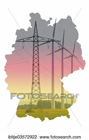 "German national colors, outline of Germany, power pylon and wind turbines, illustration" View Large Photo Image Stock Image - "German national colors, outline of Germany, power pylon and wind turbines, illustration". Fotosearch