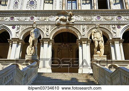 Stock Image - "Giants' Staircase guarded by two colossal statues of Mars and Neptune, Doge's Palace, Venice, Veneto, Italy, Europe". Fotosearch