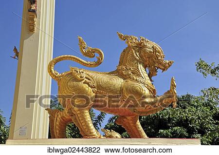 "Gilded lion, Singha, guardian figure at the entrance to Wat Pho Chai, Nong Khai Province, Thailand, Asia, PublicGround, Asia" View Large Photo Image Stock Image - "Gilded lion, Singha, guardian figure at the entrance to Wat Pho Chai, Nong Khai Province, Thailand, Asia, PublicGround, Asia". Fotosearch