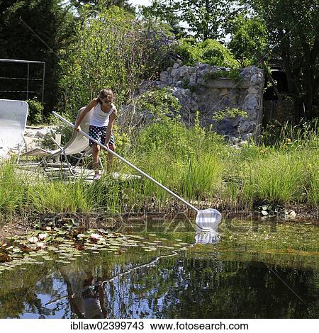 Stock Image - "Girl, 11, fishing with a net in a garden pond, Austria, Europe". Fotosearch