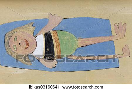 Stock Image - "Girl lying on a beach towel, children's drawing, Zoutelande, Zeeland province, The Netherlands, Europe". Fotosearch