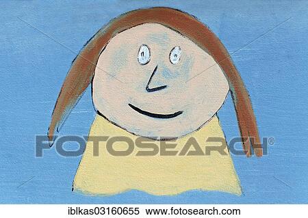 Stock Photography - "Girl, portrait, children's drawing, Zoutelande, Zeeland province, The Netherlands, Europe". Fotosearch
