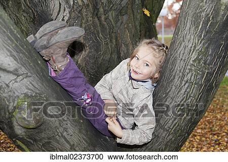 "Girl, six years, sitting on a tree" View Large Photo Image Stock Image - "Girl, six years, sitting on a tree". Fotosearch