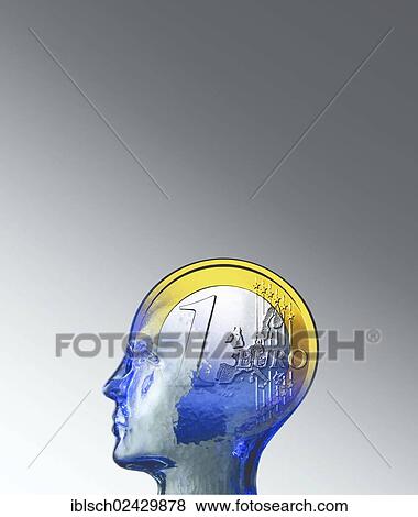 Glass head with superimposed one euro coin View Large Photo Image Stock Photo - Glass head with superimposed one euro coin. Fotosearch