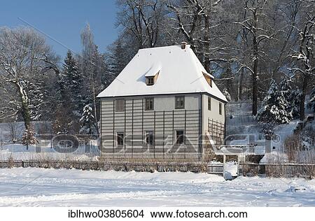 Picture - "Goethe's Garden House in winter, Park on the Ilm River, UNESCO World Heritage Site, Weimar, Thuringia, Germany, Europe". Fotosearch